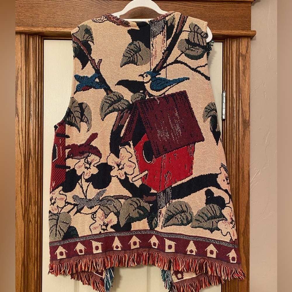 Vintage Hand Crafted Women’s Blanket Vest Bird Birdhouse Motif Sz OS